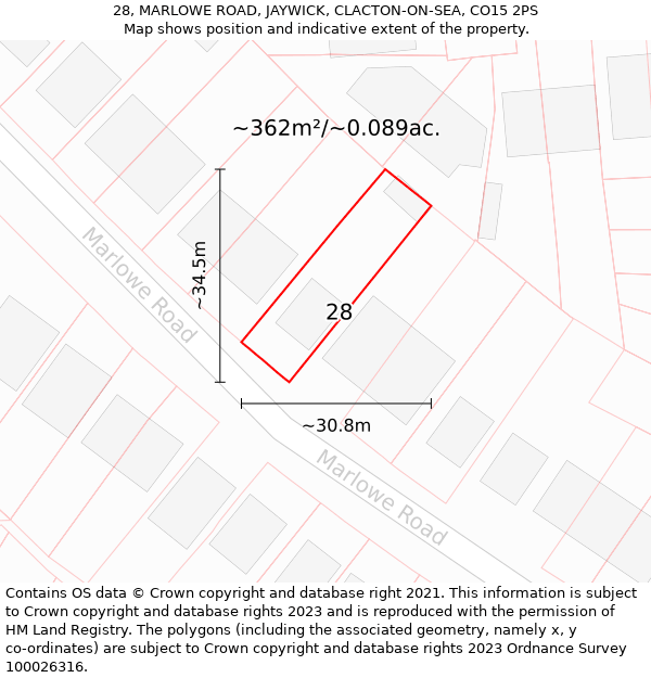 28, MARLOWE ROAD, JAYWICK, CLACTON-ON-SEA, CO15 2PS: Plot and title map