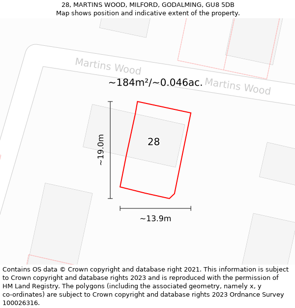 28, MARTINS WOOD, MILFORD, GODALMING, GU8 5DB: Plot and title map