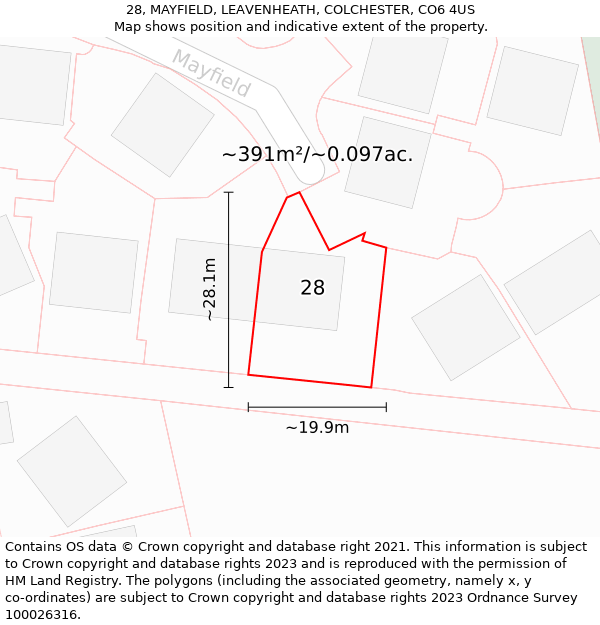 28, MAYFIELD, LEAVENHEATH, COLCHESTER, CO6 4US: Plot and title map