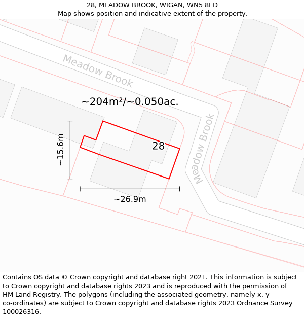 28, MEADOW BROOK, WIGAN, WN5 8ED: Plot and title map