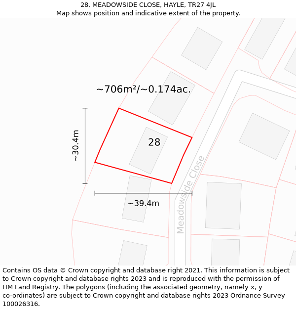 28, MEADOWSIDE CLOSE, HAYLE, TR27 4JL: Plot and title map