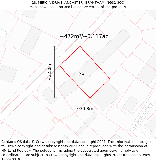 28, MERCIA DRIVE, ANCASTER, GRANTHAM, NG32 3QQ: Plot and title map