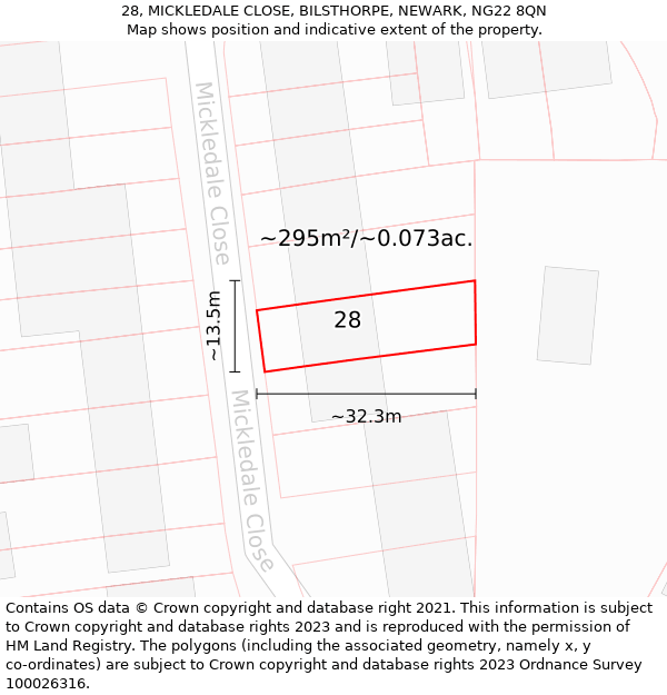 28, MICKLEDALE CLOSE, BILSTHORPE, NEWARK, NG22 8QN: Plot and title map