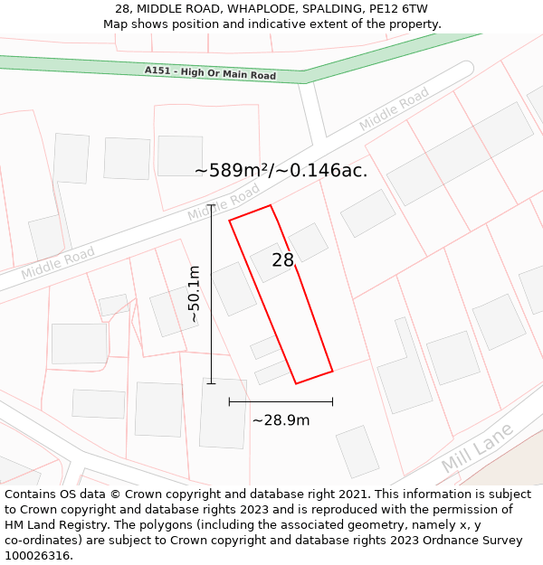 28, MIDDLE ROAD, WHAPLODE, SPALDING, PE12 6TW: Plot and title map