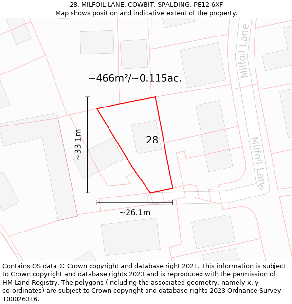 28, MILFOIL LANE, COWBIT, SPALDING, PE12 6XF: Plot and title map