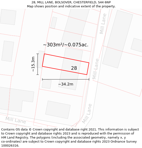 28, MILL LANE, BOLSOVER, CHESTERFIELD, S44 6NP: Plot and title map