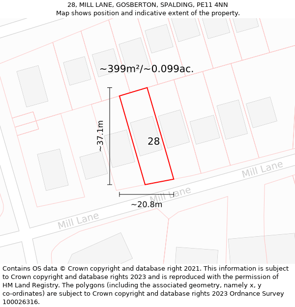 28, MILL LANE, GOSBERTON, SPALDING, PE11 4NN: Plot and title map