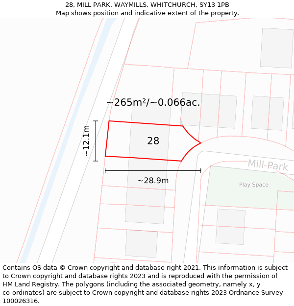 28, MILL PARK, WAYMILLS, WHITCHURCH, SY13 1PB: Plot and title map