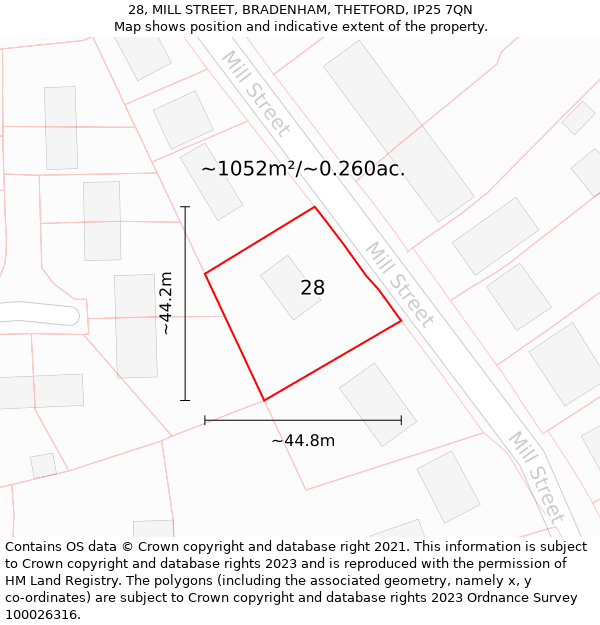 28, MILL STREET, BRADENHAM, THETFORD, IP25 7QN: Plot and title map