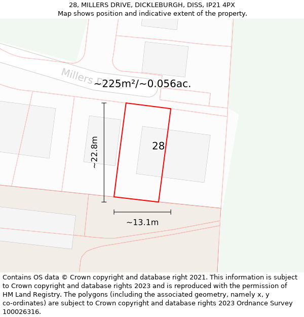 28, MILLERS DRIVE, DICKLEBURGH, DISS, IP21 4PX: Plot and title map