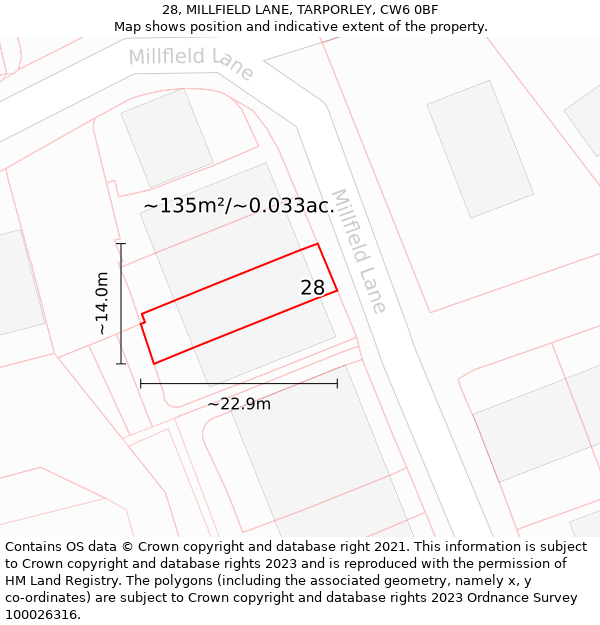 28, MILLFIELD LANE, TARPORLEY, CW6 0BF: Plot and title map