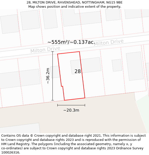 28, MILTON DRIVE, RAVENSHEAD, NOTTINGHAM, NG15 9BE: Plot and title map