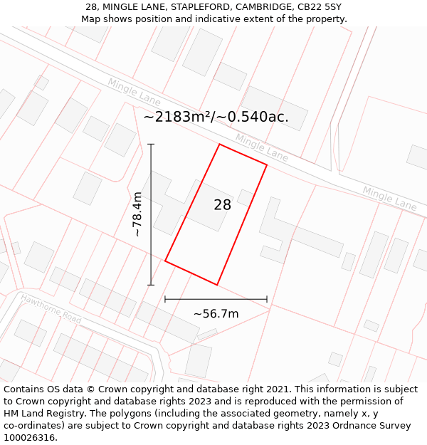 28, MINGLE LANE, STAPLEFORD, CAMBRIDGE, CB22 5SY: Plot and title map