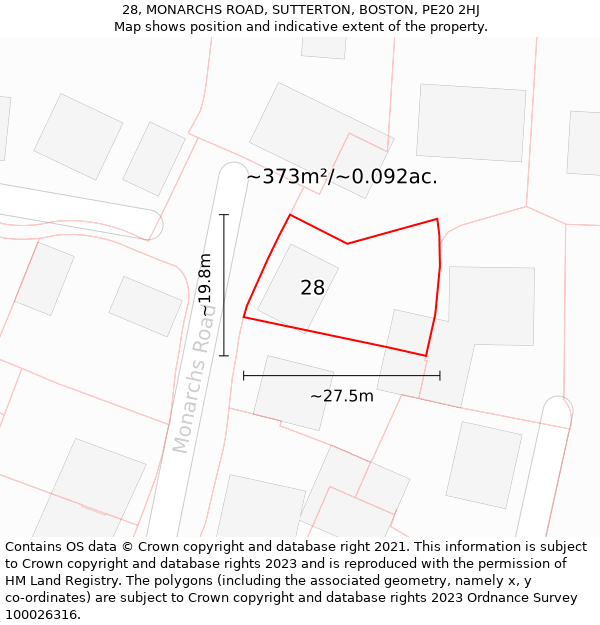 28, MONARCHS ROAD, SUTTERTON, BOSTON, PE20 2HJ: Plot and title map