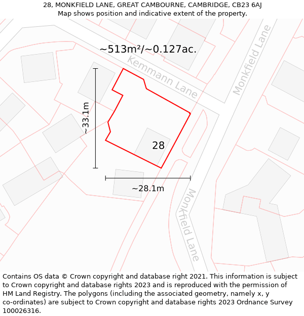 28, MONKFIELD LANE, GREAT CAMBOURNE, CAMBRIDGE, CB23 6AJ: Plot and title map