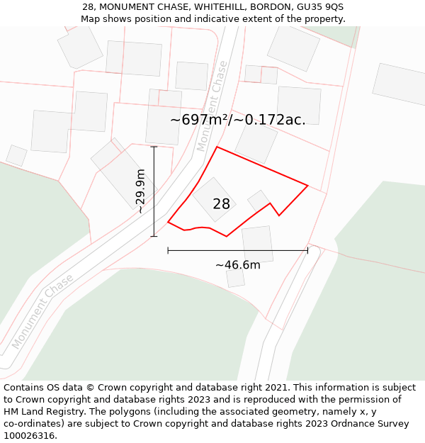 28, MONUMENT CHASE, WHITEHILL, BORDON, GU35 9QS: Plot and title map