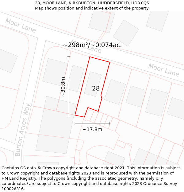 28, MOOR LANE, KIRKBURTON, HUDDERSFIELD, HD8 0QS: Plot and title map