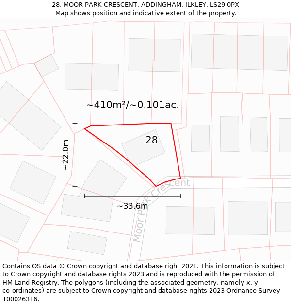 28, MOOR PARK CRESCENT, ADDINGHAM, ILKLEY, LS29 0PX: Plot and title map