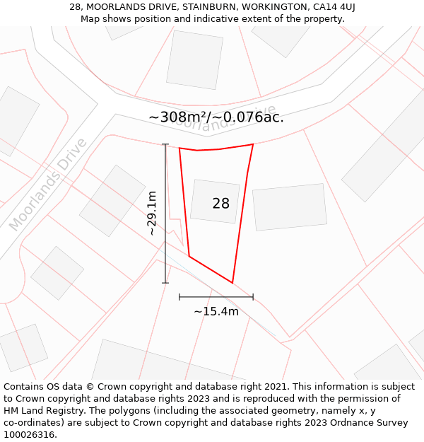 28, MOORLANDS DRIVE, STAINBURN, WORKINGTON, CA14 4UJ: Plot and title map