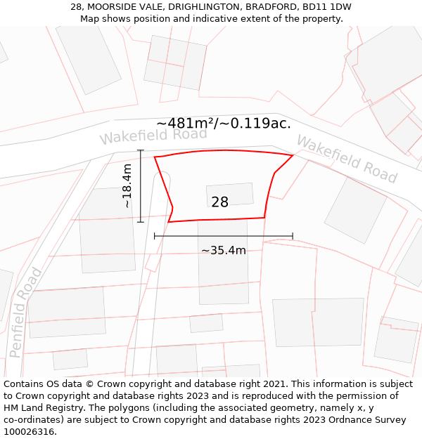 28, MOORSIDE VALE, DRIGHLINGTON, BRADFORD, BD11 1DW: Plot and title map