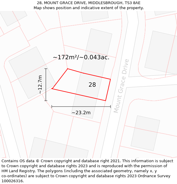 28, MOUNT GRACE DRIVE, MIDDLESBROUGH, TS3 8AE: Plot and title map