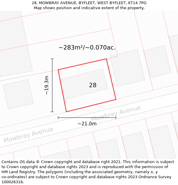 28, MOWBRAY AVENUE, BYFLEET, WEST BYFLEET, KT14 7PG: Plot and title map