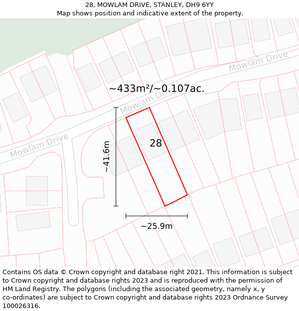 28, MOWLAM DRIVE, STANLEY, DH9 6YY: Plot and title map