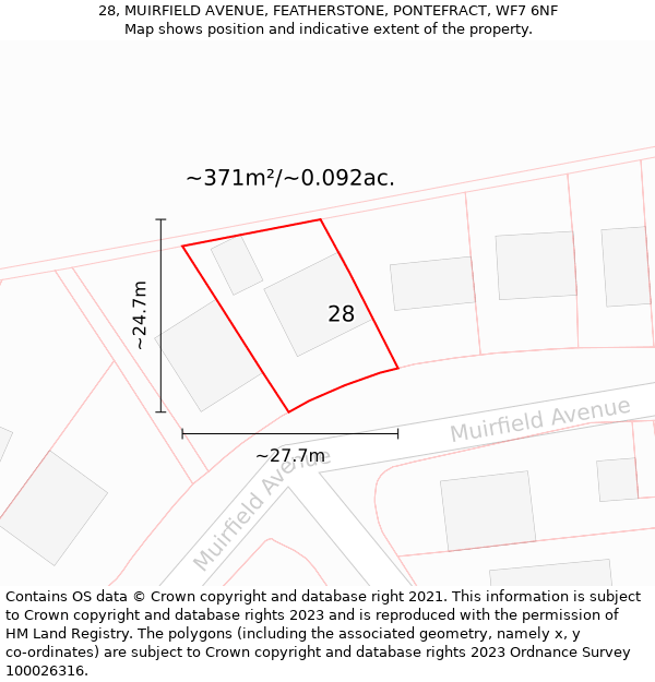 28, MUIRFIELD AVENUE, FEATHERSTONE, PONTEFRACT, WF7 6NF: Plot and title map
