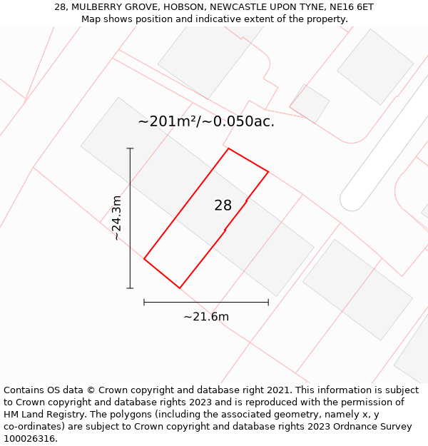 28, MULBERRY GROVE, HOBSON, NEWCASTLE UPON TYNE, NE16 6ET: Plot and title map