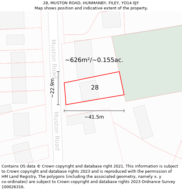 28, MUSTON ROAD, HUNMANBY, FILEY, YO14 0JY: Plot and title map