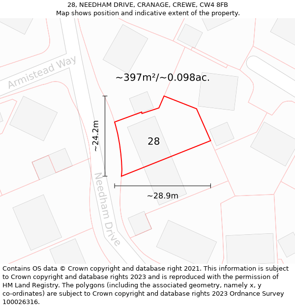 28, NEEDHAM DRIVE, CRANAGE, CREWE, CW4 8FB: Plot and title map