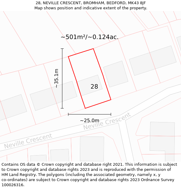 28, NEVILLE CRESCENT, BROMHAM, BEDFORD, MK43 8JF: Plot and title map