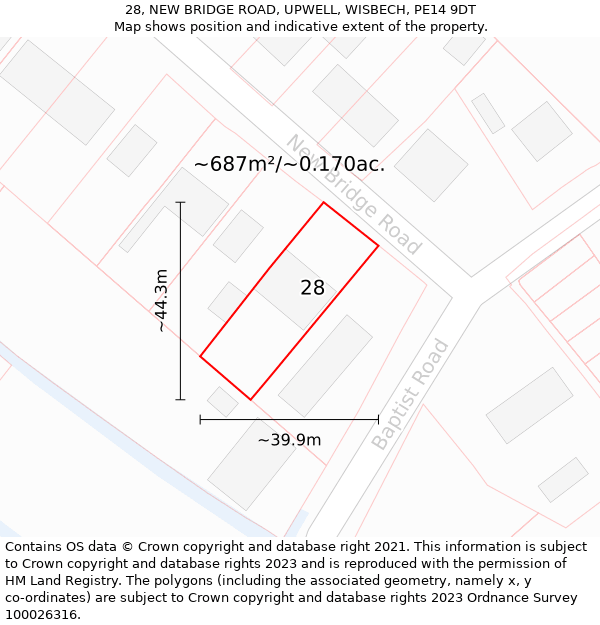 28, NEW BRIDGE ROAD, UPWELL, WISBECH, PE14 9DT: Plot and title map