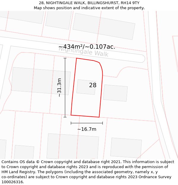 28, NIGHTINGALE WALK, BILLINGSHURST, RH14 9TY: Plot and title map