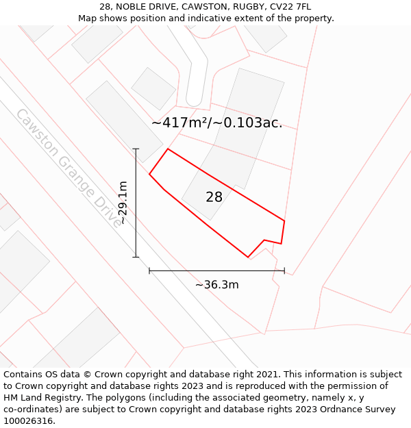 28, NOBLE DRIVE, CAWSTON, RUGBY, CV22 7FL: Plot and title map