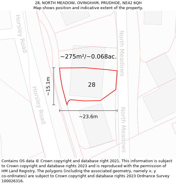 28, NORTH MEADOW, OVINGHAM, PRUDHOE, NE42 6QH: Plot and title map