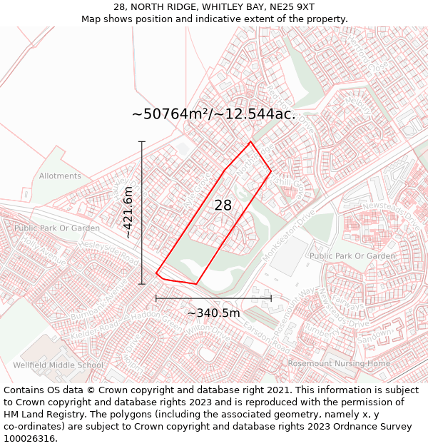 28, NORTH RIDGE, WHITLEY BAY, NE25 9XT: Plot and title map