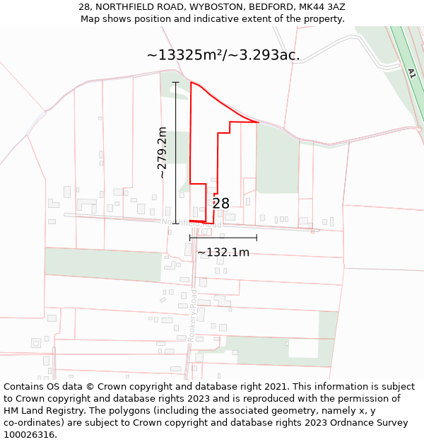 28, NORTHFIELD ROAD, WYBOSTON, BEDFORD, MK44 3AZ: Plot and title map