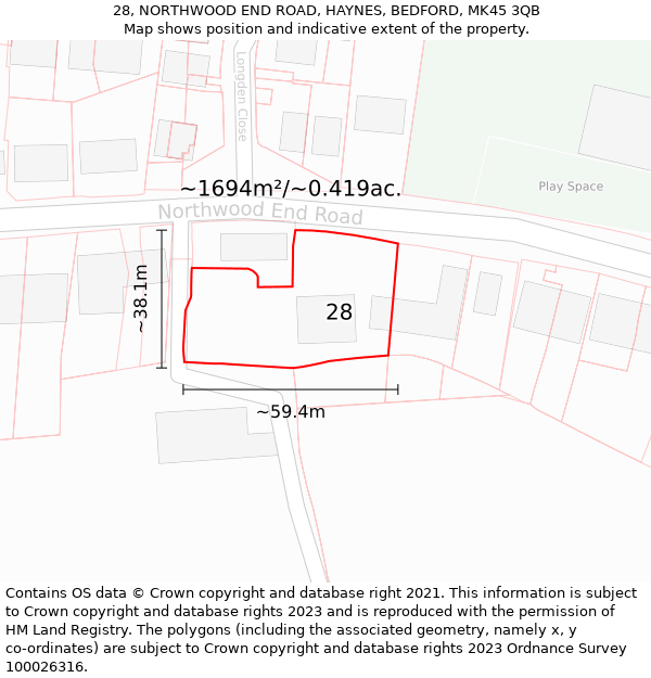 28, NORTHWOOD END ROAD, HAYNES, BEDFORD, MK45 3QB: Plot and title map