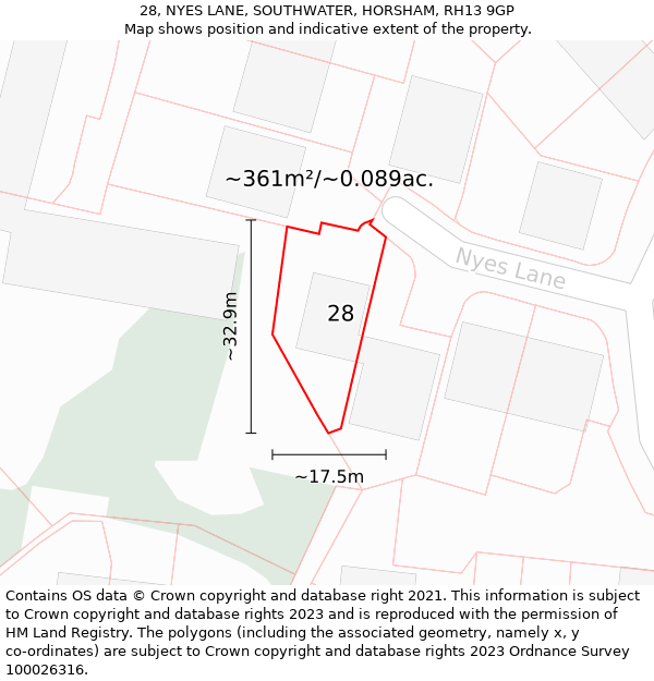 28, NYES LANE, SOUTHWATER, HORSHAM, RH13 9GP: Plot and title map