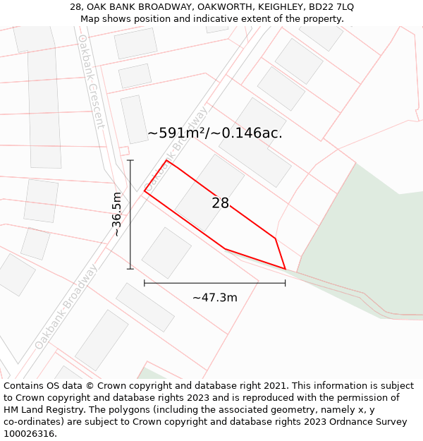 28, OAK BANK BROADWAY, OAKWORTH, KEIGHLEY, BD22 7LQ: Plot and title map