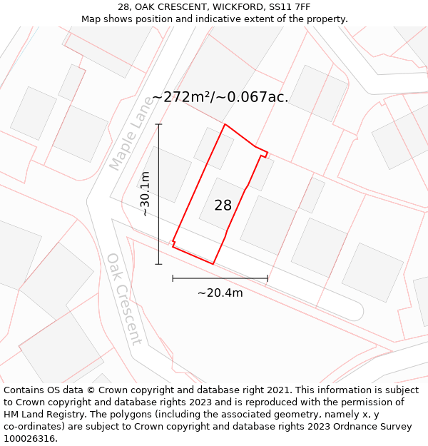 28, OAK CRESCENT, WICKFORD, SS11 7FF: Plot and title map