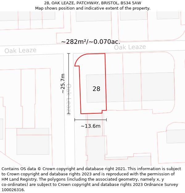 28, OAK LEAZE, PATCHWAY, BRISTOL, BS34 5AW: Plot and title map