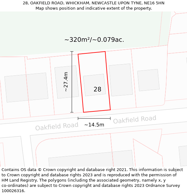 28, OAKFIELD ROAD, WHICKHAM, NEWCASTLE UPON TYNE, NE16 5HN: Plot and title map