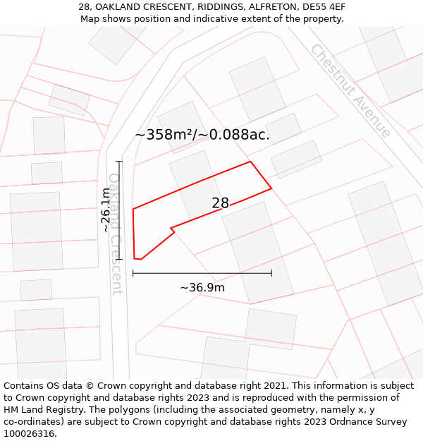 28, OAKLAND CRESCENT, RIDDINGS, ALFRETON, DE55 4EF: Plot and title map