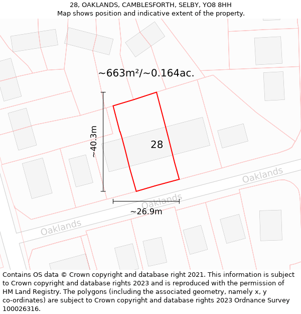 28, OAKLANDS, CAMBLESFORTH, SELBY, YO8 8HH: Plot and title map
