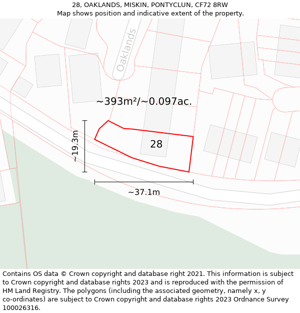 28, OAKLANDS, MISKIN, PONTYCLUN, CF72 8RW: Plot and title map