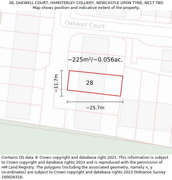 28, OAKWELL COURT, HAMSTERLEY COLLIERY, NEWCASTLE UPON TYNE, NE17 7BD: Plot and title map