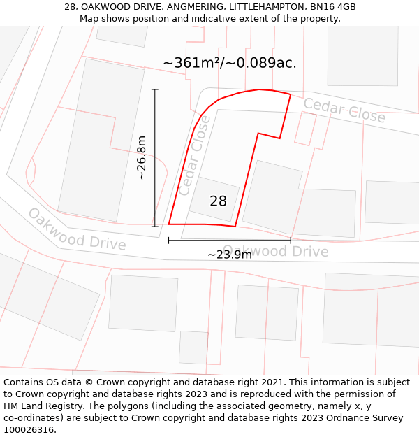 28, OAKWOOD DRIVE, ANGMERING, LITTLEHAMPTON, BN16 4GB: Plot and title map