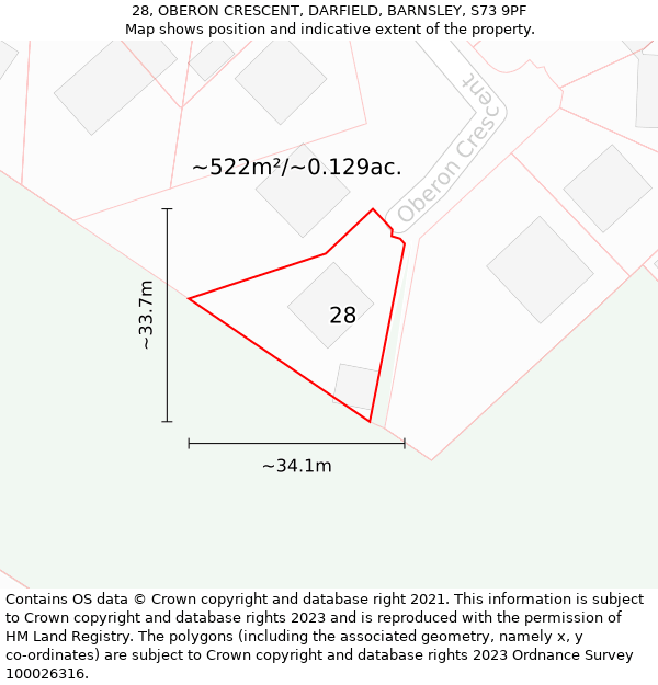 28, OBERON CRESCENT, DARFIELD, BARNSLEY, S73 9PF: Plot and title map